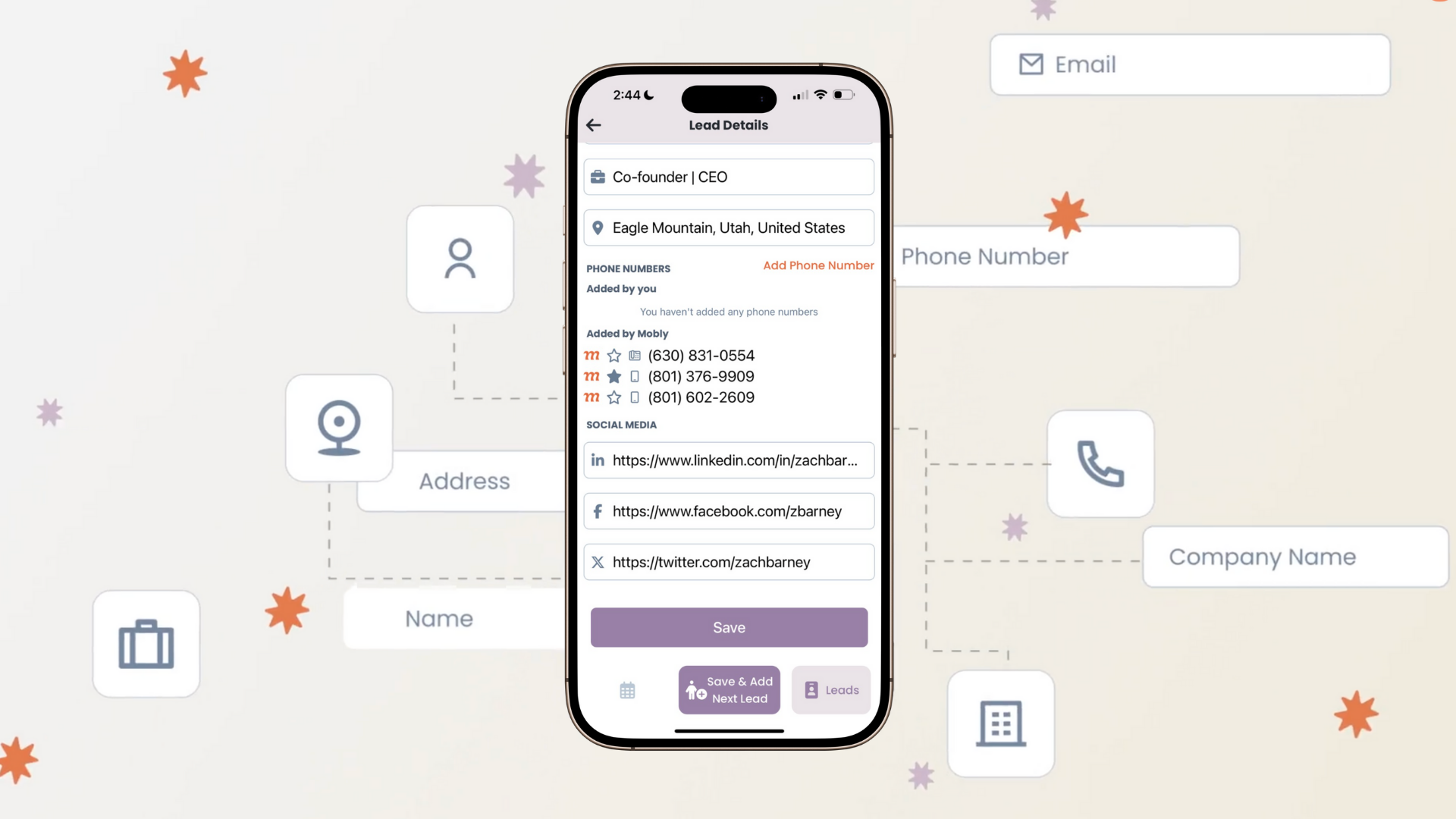 Fully enriched lead with name, company, email, phone, socials, etc.
